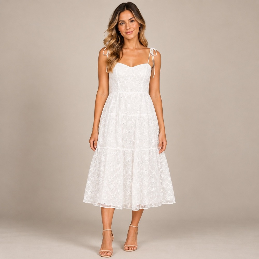 Amanda Uprichard Tula Dress Womens Large White Like New Sugar Eyelet Midi Tiered